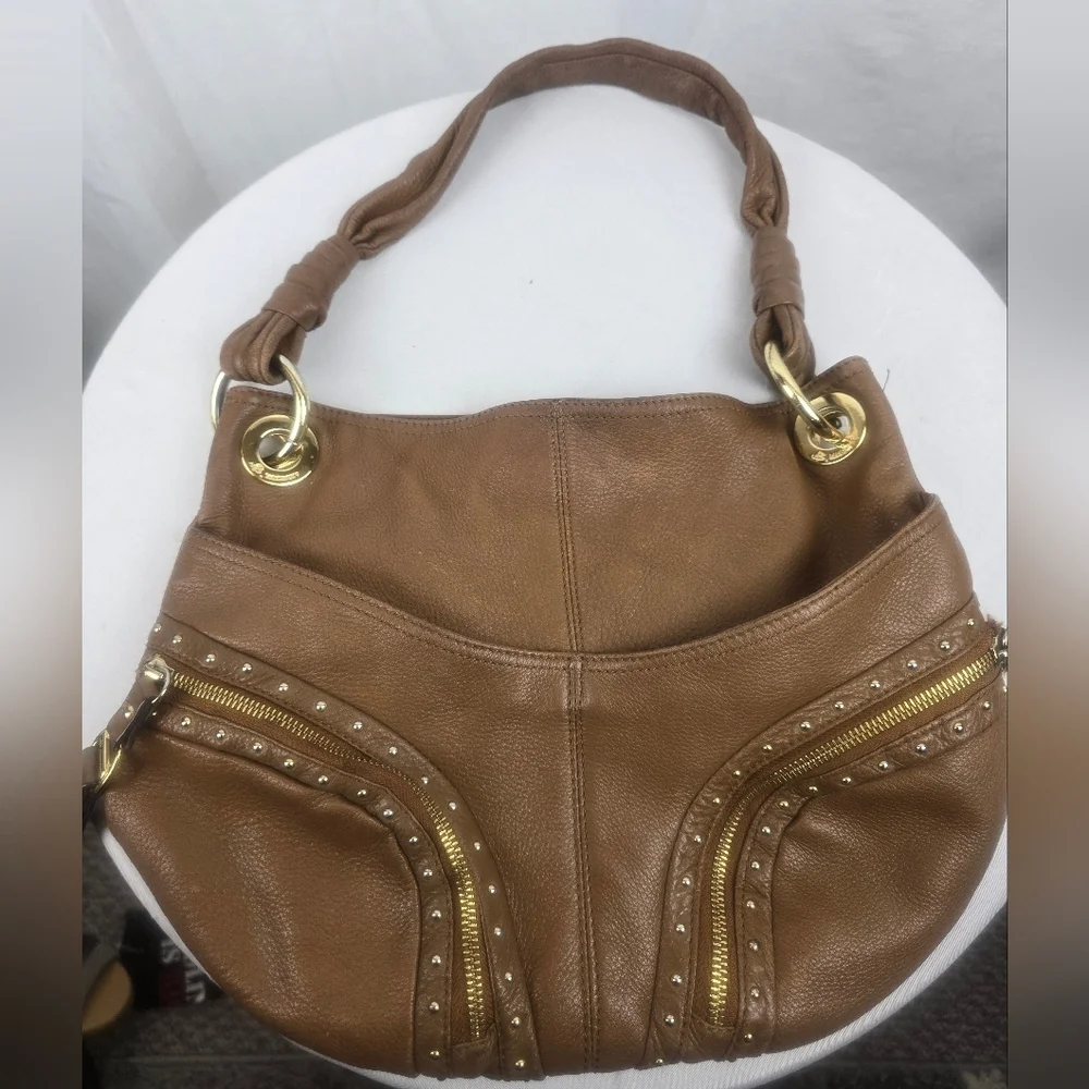 B. Mackowsky Brown Leather Hobo Shoulder Bag with Gold Accents Sz L